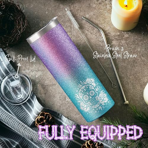 Miniatura 3 de Onebttl Regalos de calavera de azúcar para mujer, Día de los Muertos, vaso de viaje delgado de 20 onzas con tapa, cepillo y pajilla, regalos