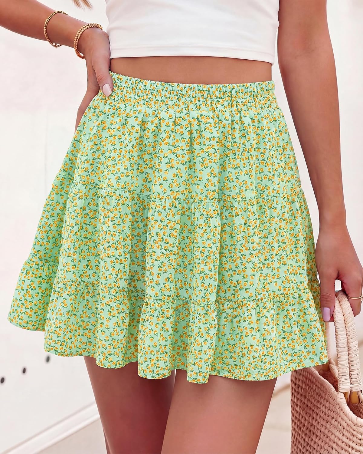 BTFBM Summer Skirts for Women 2026 Floral High Waist Shorts Underneath Boho Tiered Flowy Tennis Skorts Casual Mini Skirt