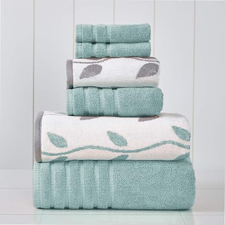 6-Piece Yarn Dyed Organic Vines Jacquard/Solid Ultra Soft 500 GSM 100% Combed Cotton Towels [Aqua]