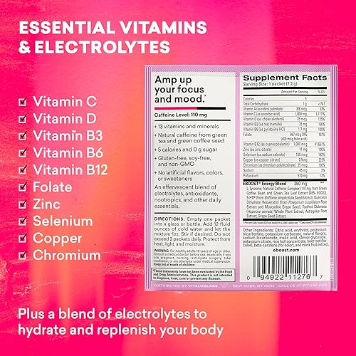 Miniatura 3 de EBOOST Bebida energética y electrolitos en polvo, 20 paquetes  Limonada rosa súper polvo sin azúcar añadido  Mezcla esencial de vitaminas,