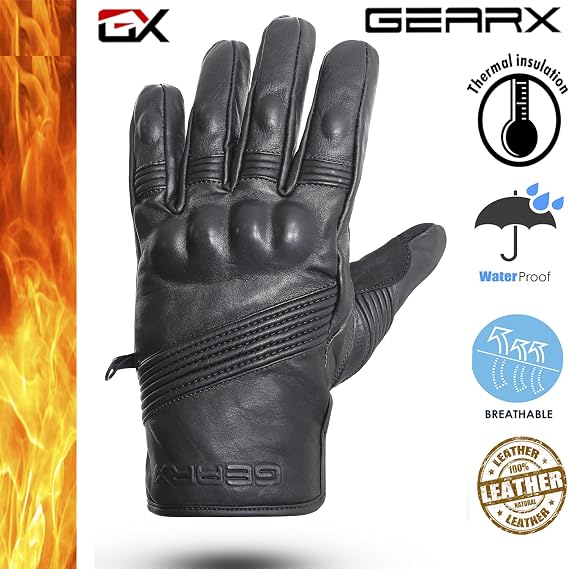 GEARX Elasto Short Winter Leather Motorcycle Gloves Knuckle Shell Flexible Construction