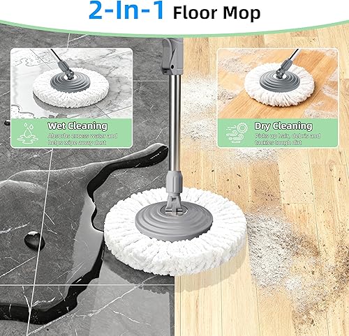 Miniatura 5 de Juego de trapeador giratorio de 360 y cubo, separa el agua limpia y sucia, mopa de piso con 6 cabezales de mopa lavables, fácil de rodar con 4