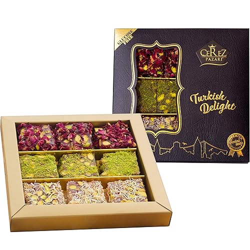 Cerez Pazari Turkish Delight Pistacho con fantástica experiencia de sabor a rosa y granada en caja de regalo de lujo 88 onzas surtido de dulces