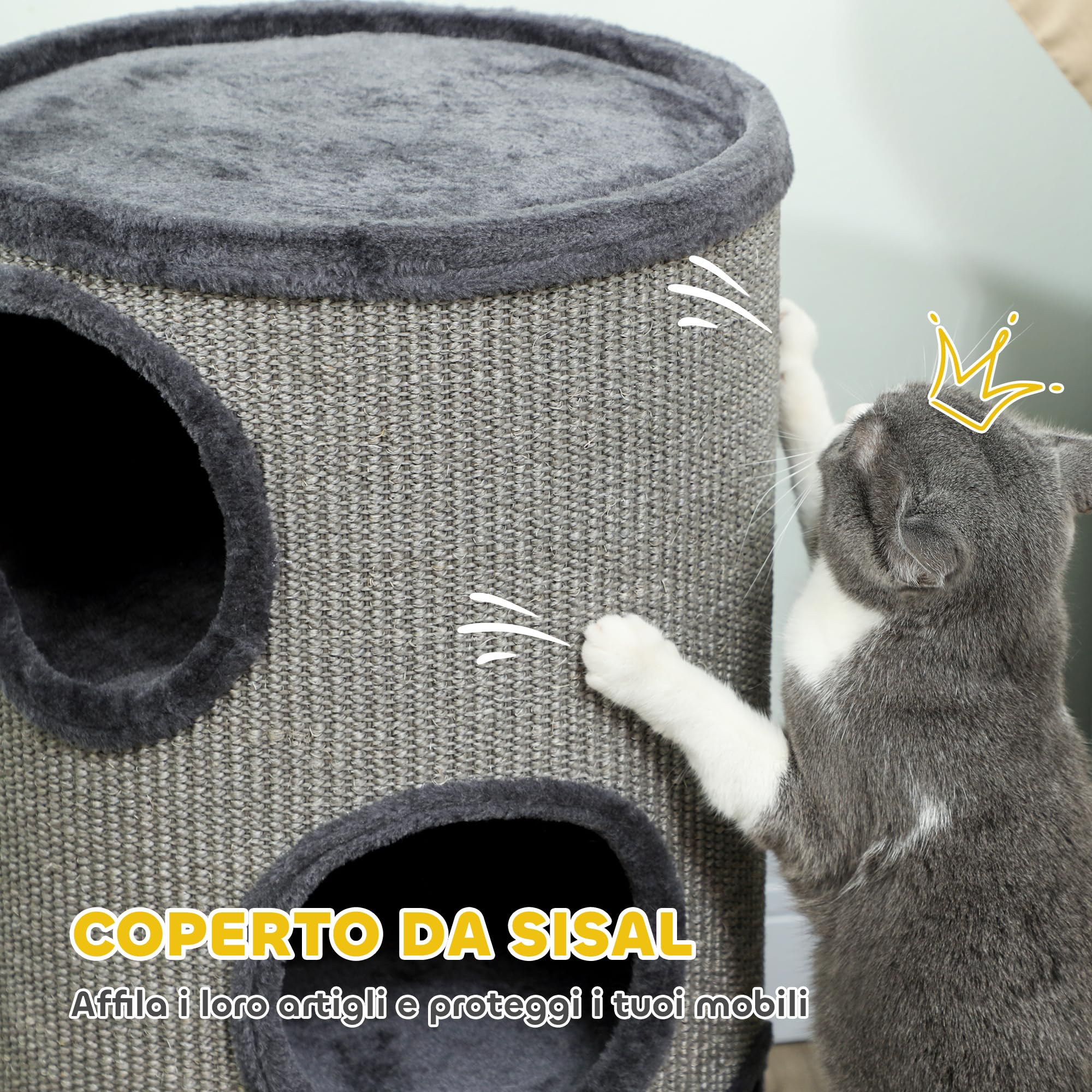 PawHut Cuccia per Gatti a 3 Livelli con Tiragraffi in Sisal e Rivestimento in Peluche, Casetta per Gatti da Interno Multilivello, Ø38x70 cm, Grigio