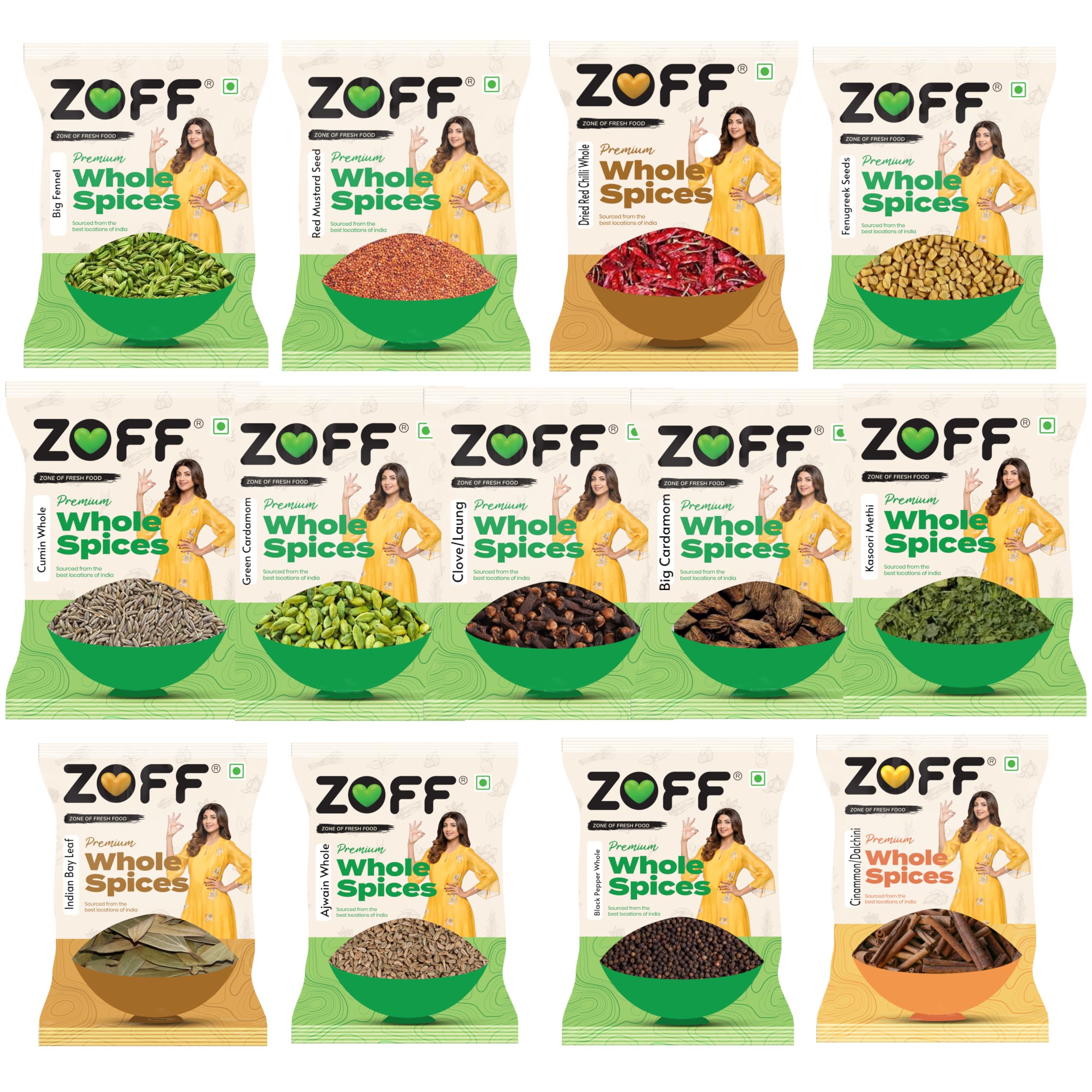 Zoff Whole Spices Pack Of 13 | Green Cardamom, Ajwain, Black Pepper, Cloves,Big Cardamom,Bay Leaves, Kasoori Methi | 50 Gram Methi Dana, Saunf