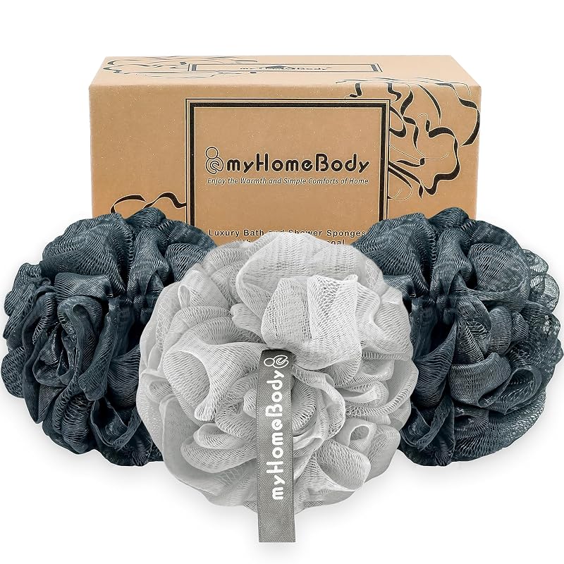 Esponja de banho myHomeBody 70 g, pacote com 3, 2 Midnight Blue e 1 Fog Gray