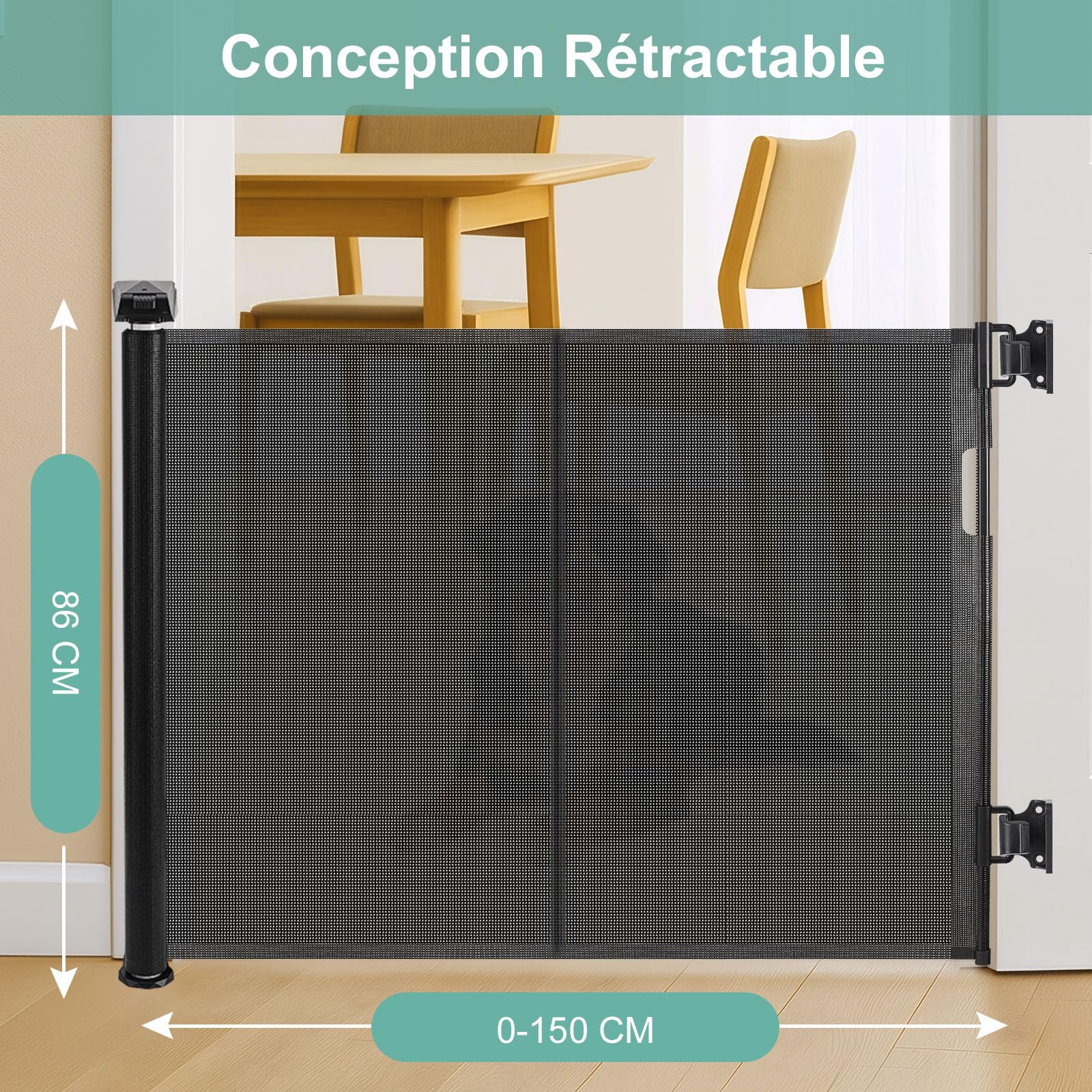 Barrière Sécurité pour Enfant Chien, Barriere de Securite Retractable, avec Renforcement en Fibre de Verre, pour Enfants et Aux Chiens Petits Moyens, Grands, 1.5M