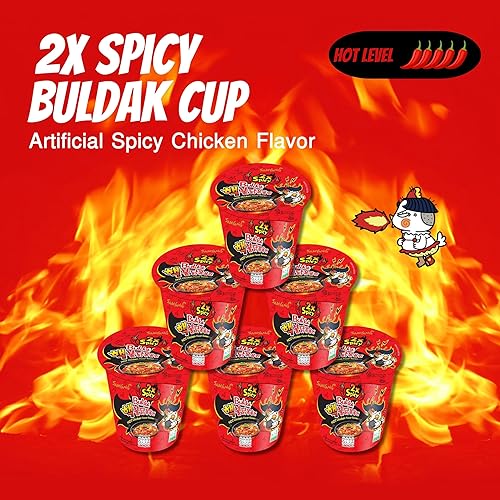 Miniatura 6 de Buldak Ramen - 2 veces sabor picante - Paquete de 6 tazas - Fideos Ramen picantes Buldak Ramen coreano picante picante pollo salteado con 6 palillos