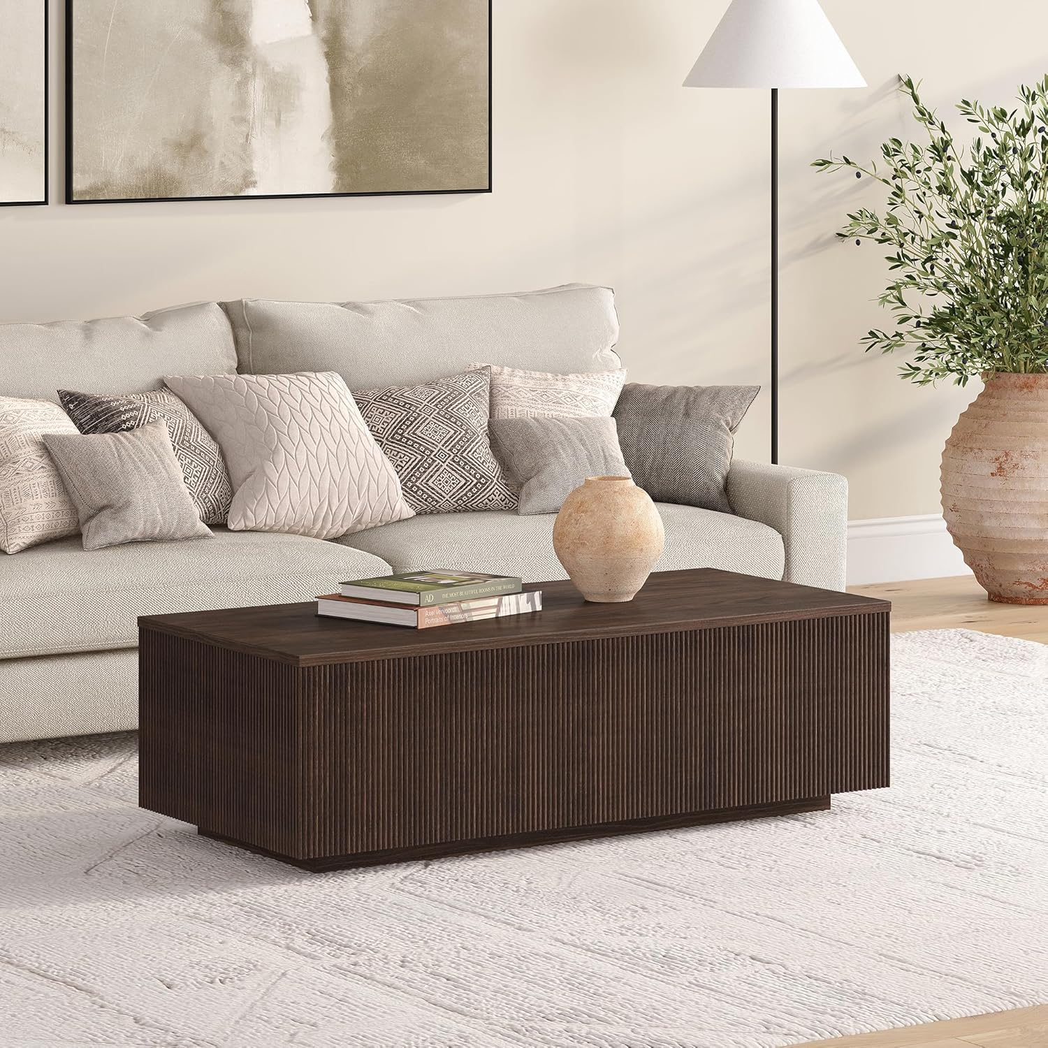 Henn&Hart 48" Fluted Rectangular Low-Profile Coffee Table with Ribbed Base for Living Room, Family Room, or Office, Warm Brown