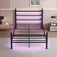 Vista 3 de Marco de cama Full Size con cabecero y piecero, soporte de listones de acero - Marco de cama LED con estación de carga USB, base de colchón