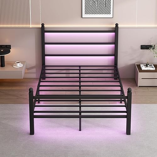 Miniatura 3 de Base de cama tamaño queen con cabecera y estribo, soporte de listones de acero - Base de cama LED con estación de carga USB, base de colchón -