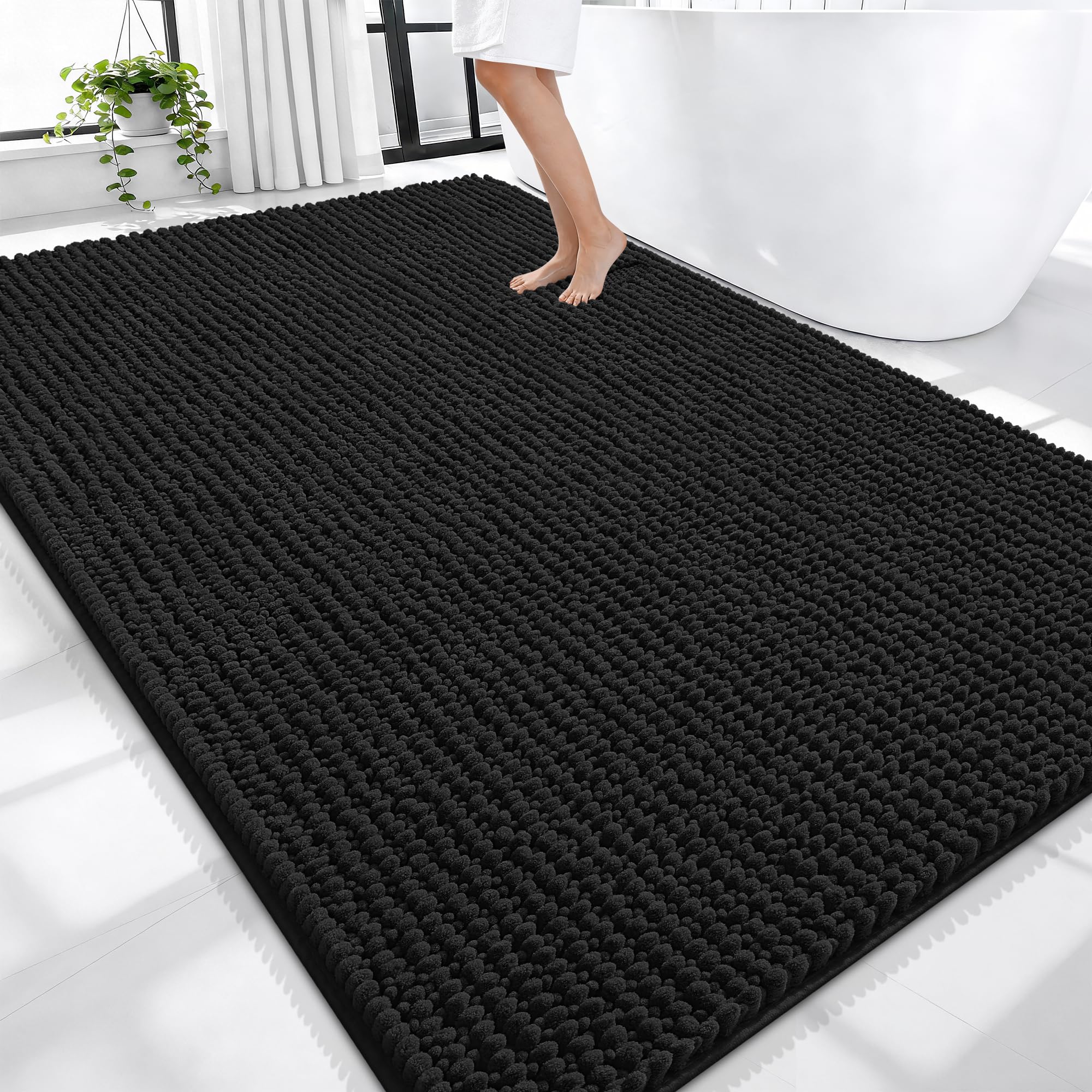 OLANLY Thick Chenille Large Bathroom Rugs 70x46, Absorbent Bath Mat, Black