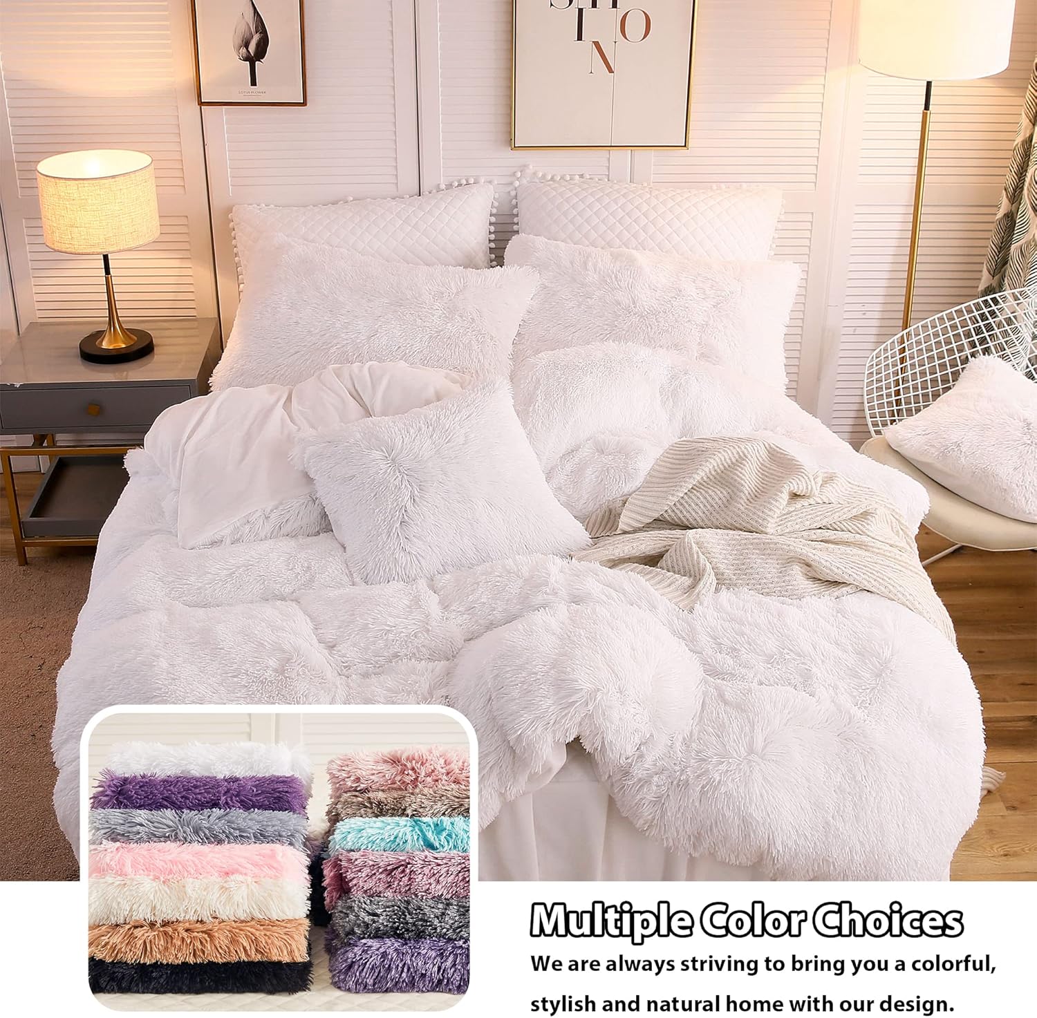 LIFEREVO 2 Pack Shaggy Plush Faux Fur Pillow Shams Velvet Reverse,20"x36" Fluffy Decorative Pillowcases with Zipper Closure for Couch,Sofa,Bed(White,King)