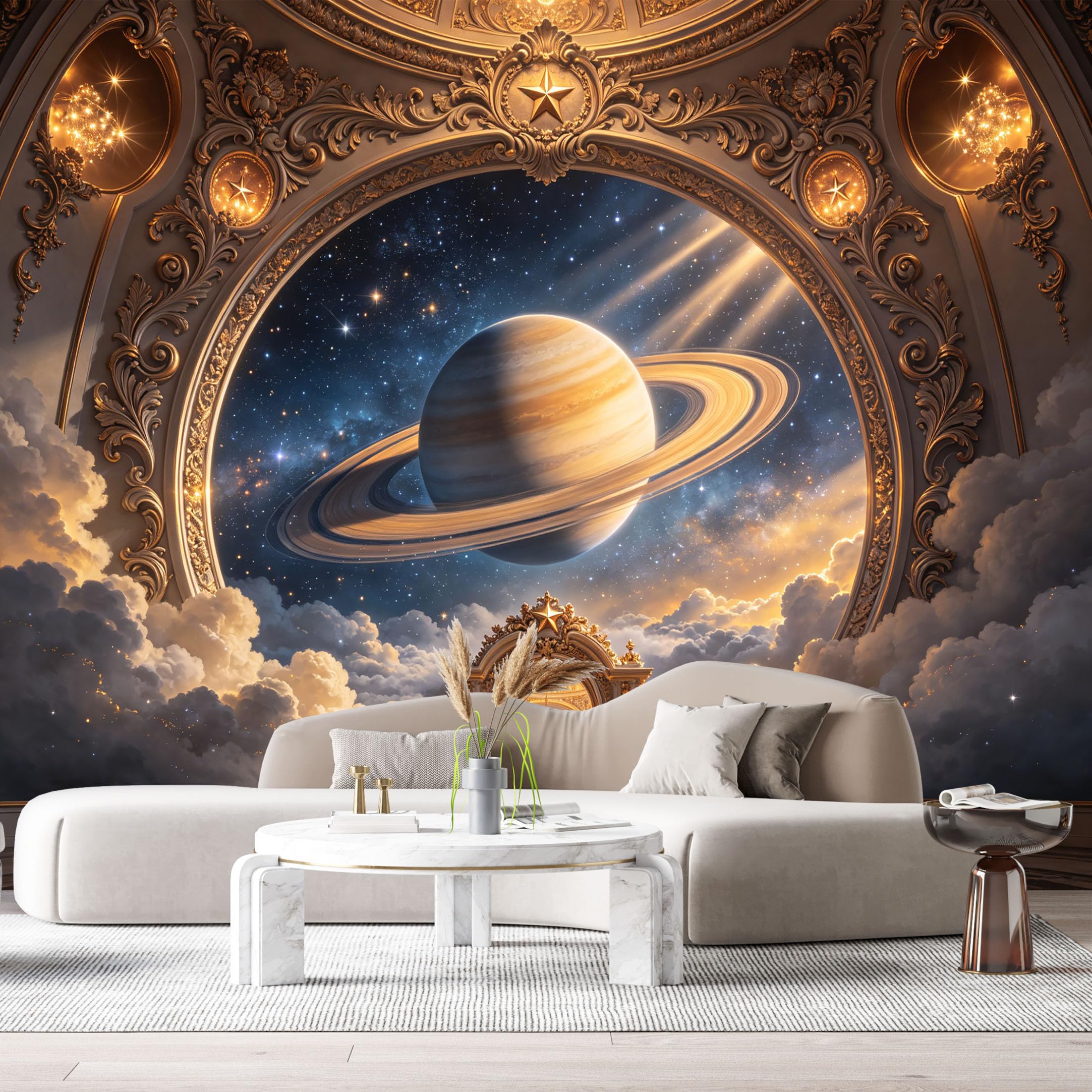Custom Size Wall Murals Celestial Hall Saturn Planet Nebula 3D Trompe L'Oeil SelfAdhesiveWall Fabric Removable Wallpaper Wall Decor for Living Room Bedroom Bathroom