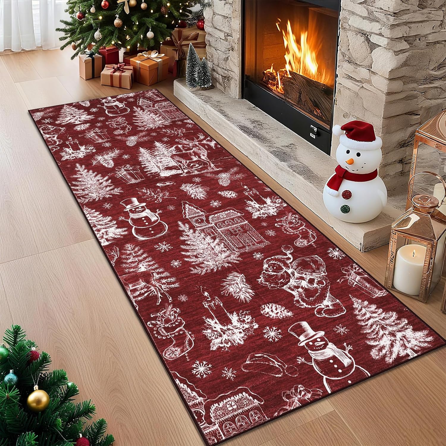Christmas Rug Runner 2x6 Machine Washable Area Rugs for Entryway Modern Pinecone＆Christmas Tree Print Floor Cover Non Slip Non Shedding Winter Holiday Rugs for Kitchen Hallway, Red