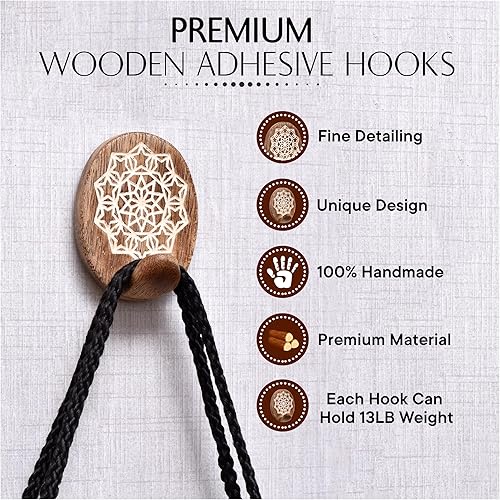 Miniatura 89 de Indian Shelf 3 ganchos, 6 tiras de ganchos de pared adhesivos de madera, ganchos decorativos de pared para colgar, gancho adhesivo bohemio