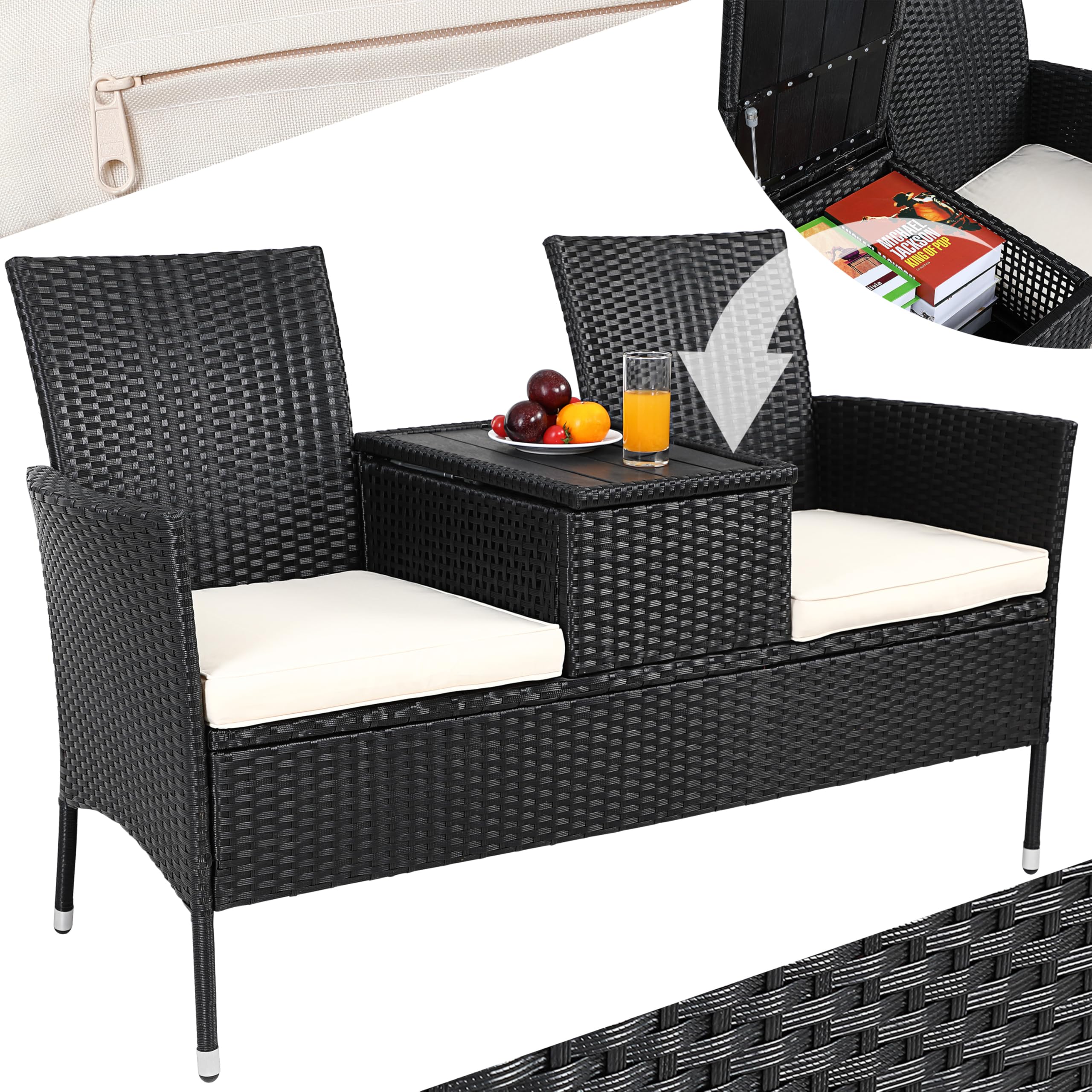 CASARIA® Banco de Jardín 143x64x88 Poliratán Negro Mesa WPC y Estante Asiento Extra Ancho Sillón Doble Exterior