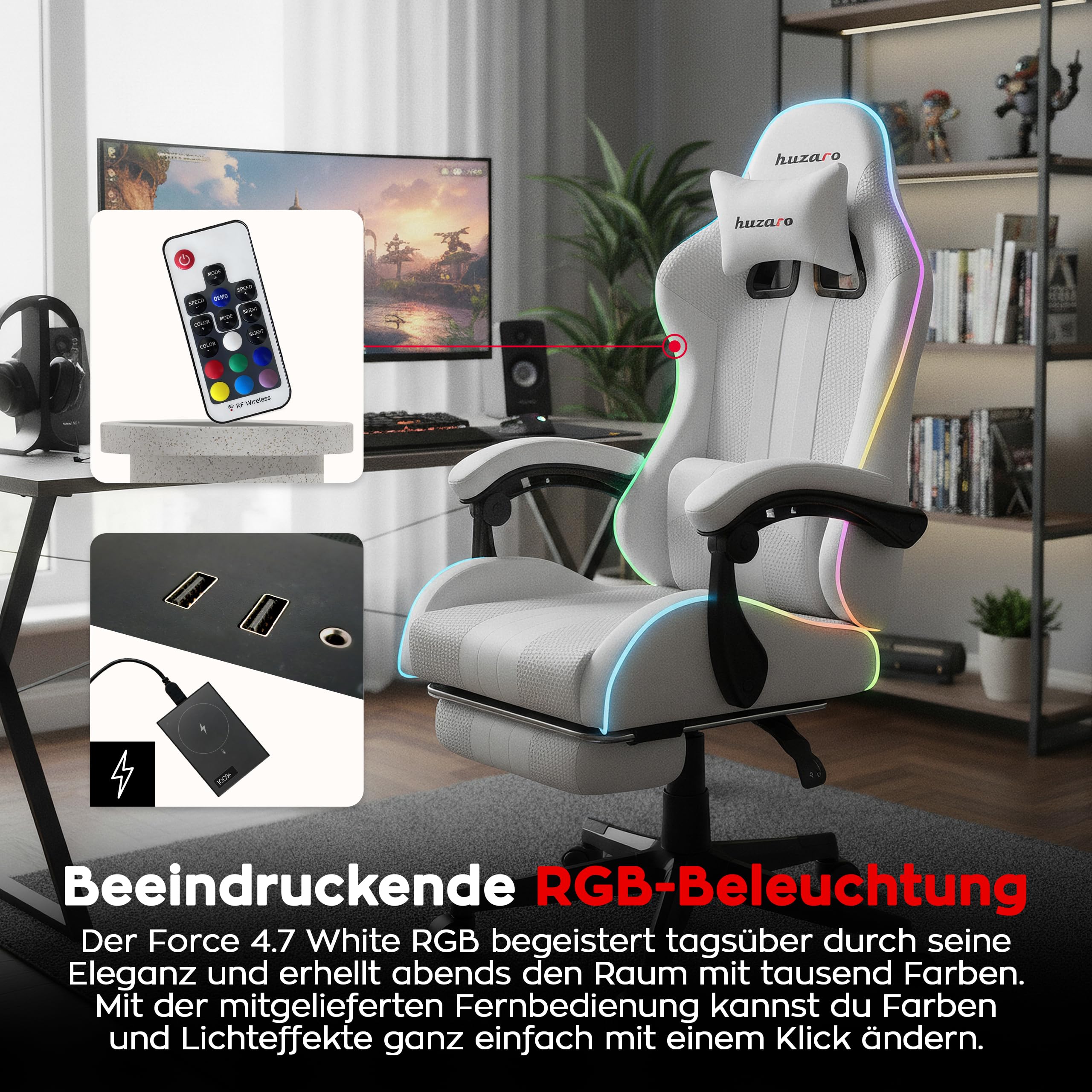 huzaro Force 4.7 RGB Gaming Stuhl - Ergonomischer Bürostuhl & PC Stuhl | Schreibtischstuhl für Gamer - Bis 150 kg belastbar - Mit ausziehbarer Fußstütze & Lendenkissen - Stoff Mesh – Weiß