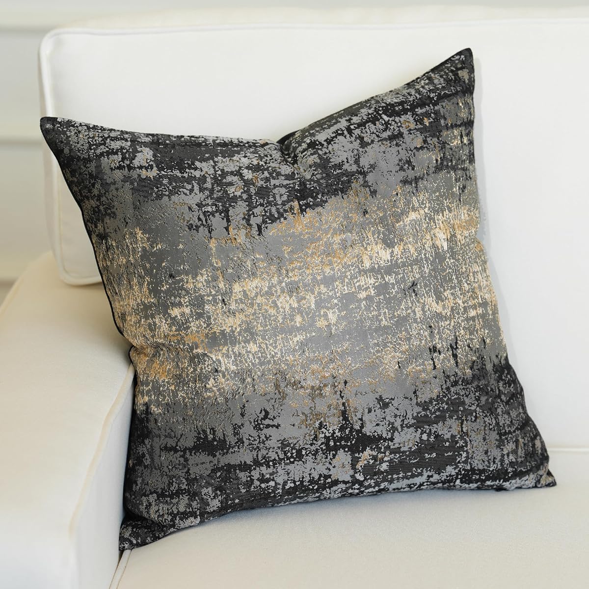 THE-TINOART Gold Splashed Industrial Modern Throw Pillow Covers 18x18, Slate Gray and Black Jacquard Woven Pillow Covers, Urban Textured Decor for Couch Sofa Bed