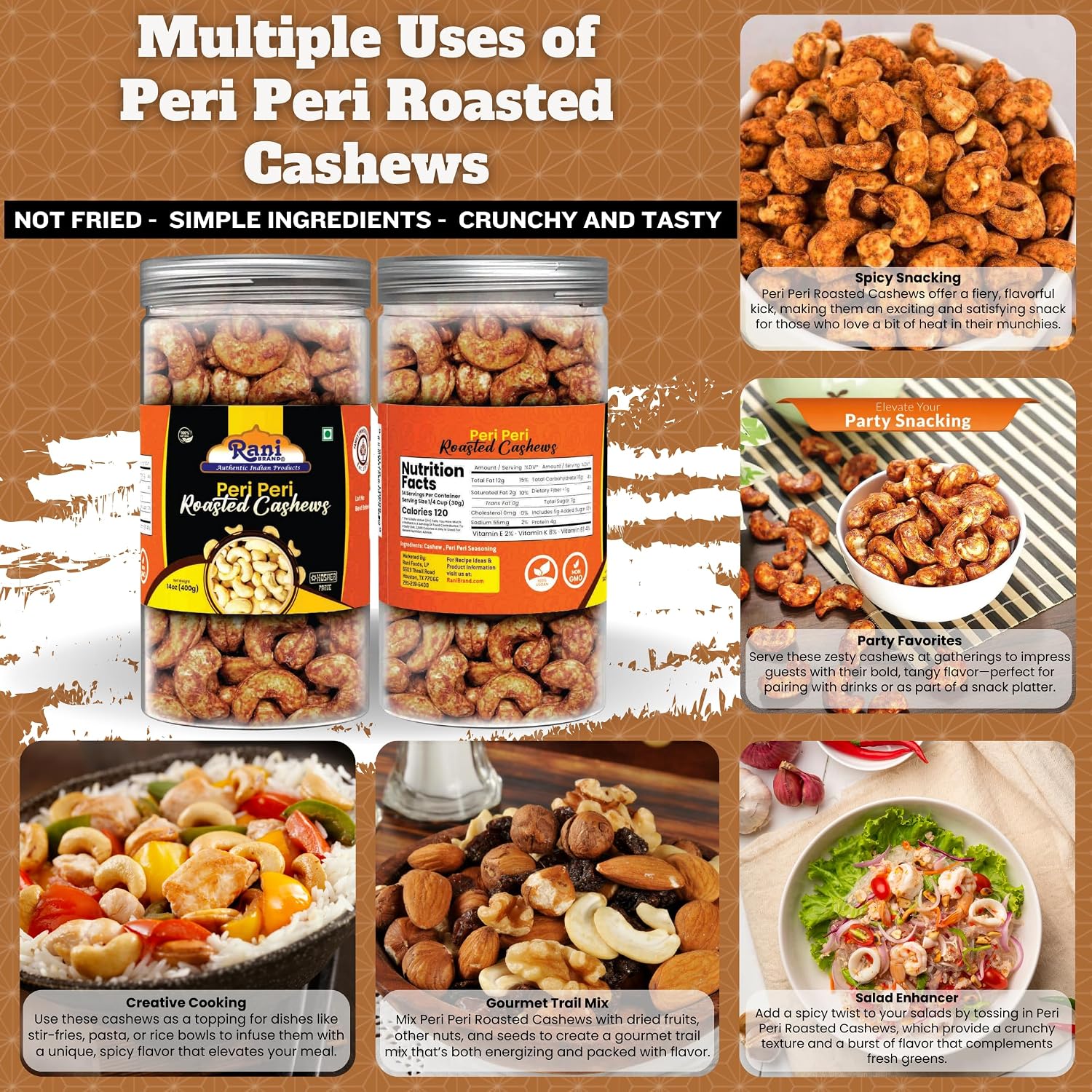 Rani Peri Peri Roasted Cashews 14oz (400g) PET Jar, Non-Fried, Oil Free ~ All Natural | Vegan | Gluten Friendly | NON-GMO | Kosher | Air Roasted, Crunchy & Flavorful image 3
