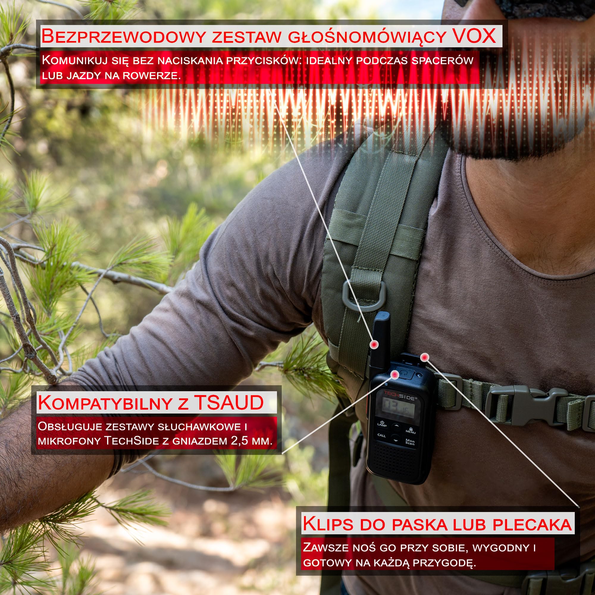 TechSide TS-T3 Go Krótkofalówka (Radiotelefon) PMR446, 16 kanałów, zasięg 10 km, ładowanie USB-C, z latarką LED, 2 sztuki