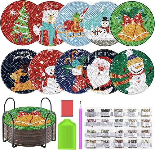 JHGCVX Juego de 10 posavasos de pintura de diamantes de Navidad, posavasos de arte de diamante con soporte, posavasos de pintura de diamantes de
