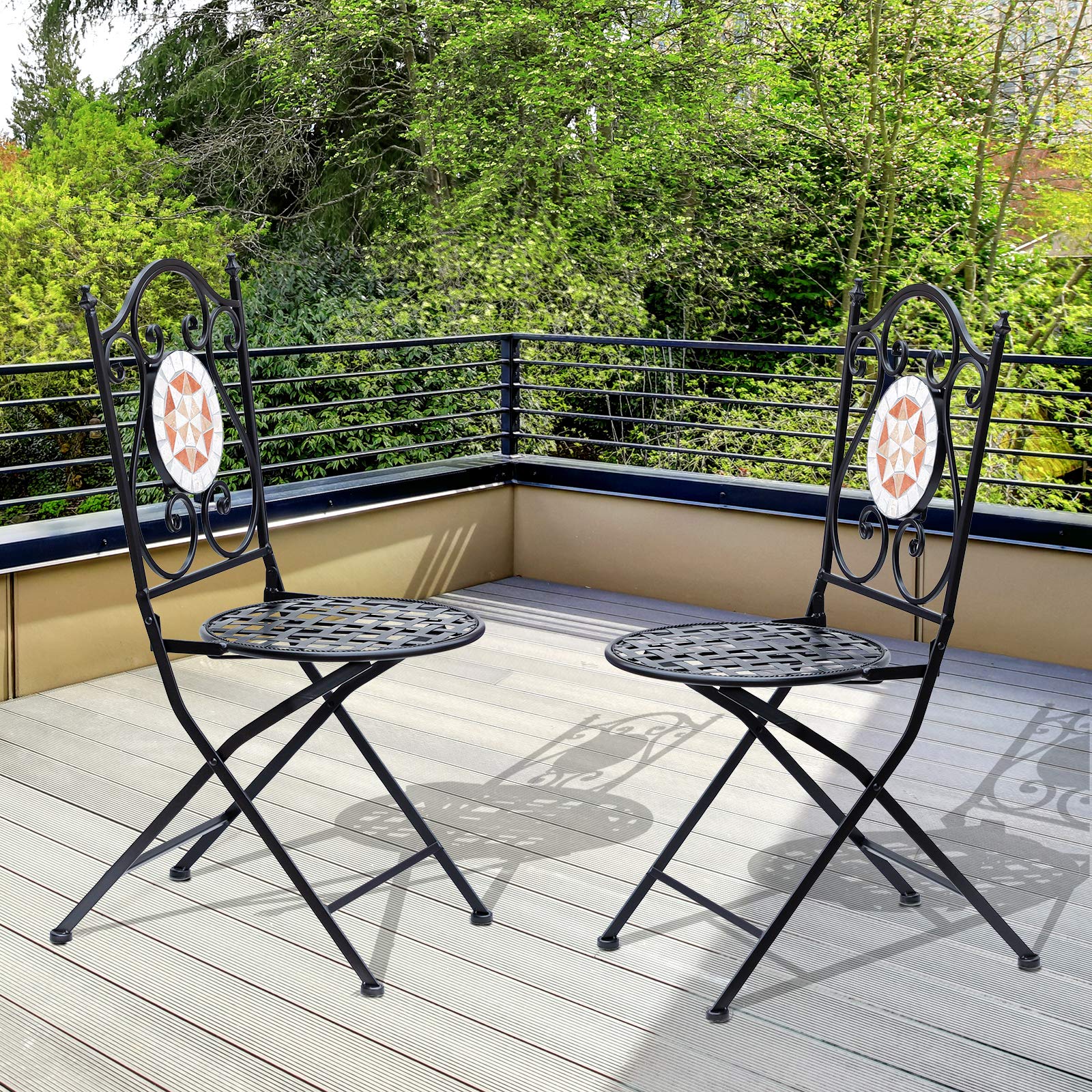 Outsunny Set de 2 Sillas Plegables de Jardín Bistro 50x40x94,5 cm Negro | Silla Asiento Mosaico, para Terraza Balcón, Metal, Carga 120 kg