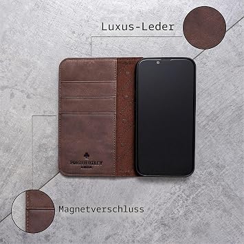 Porter Riley - leather case compatible with iPhone X / iPhone XS. Premium real leather stand case / wallet with cards slots & horizontal stand function (chocolate brown)