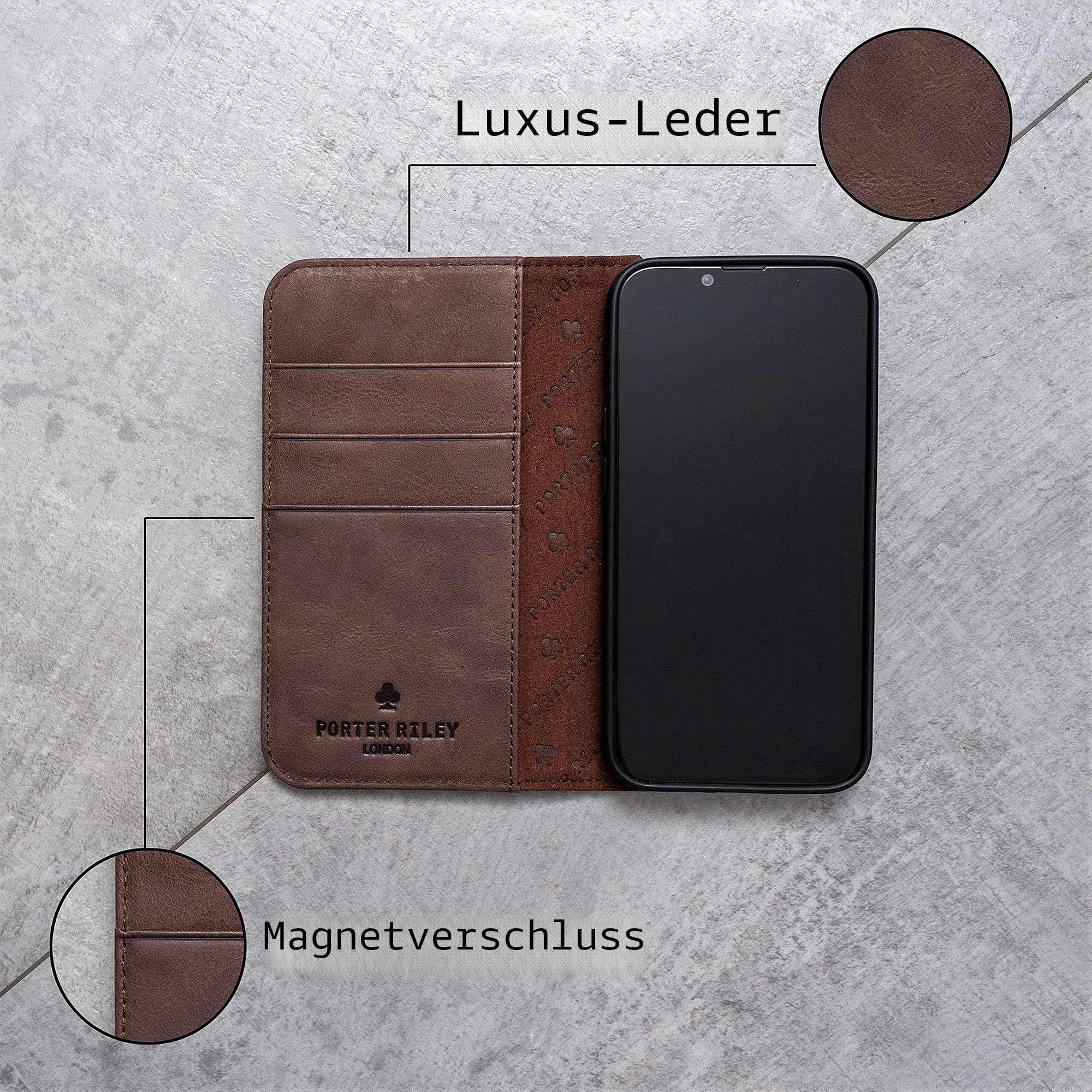 Porter Riley - Lederhülle kompatibel mit iPhone XR. Premium Echtleder Standhülle/Cover/Brieftasche mit Karten Steckfächern & Horizontale Standfunktion 6.1 Zoll (Schokoladenbraun)
