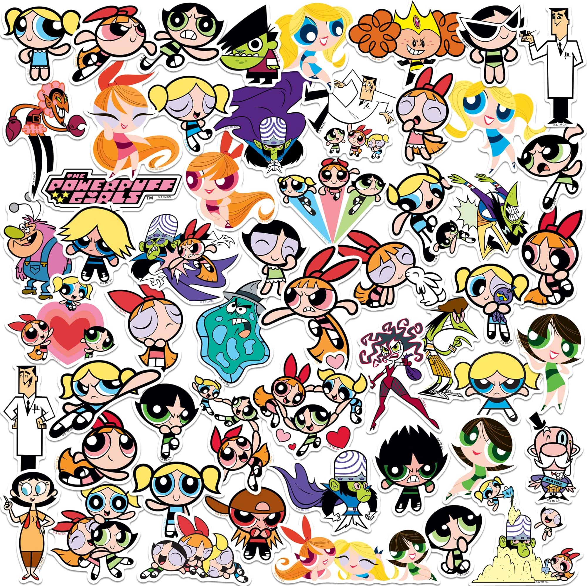 Powerpuff Girls Character Collection 50ct Die Cut Vinyl Stickers – Blossom, Bubbles, Buttercup & Villains for Laptop, Water Bottle, Scrapbooking, Tablet, Indoor & Outdoor Use