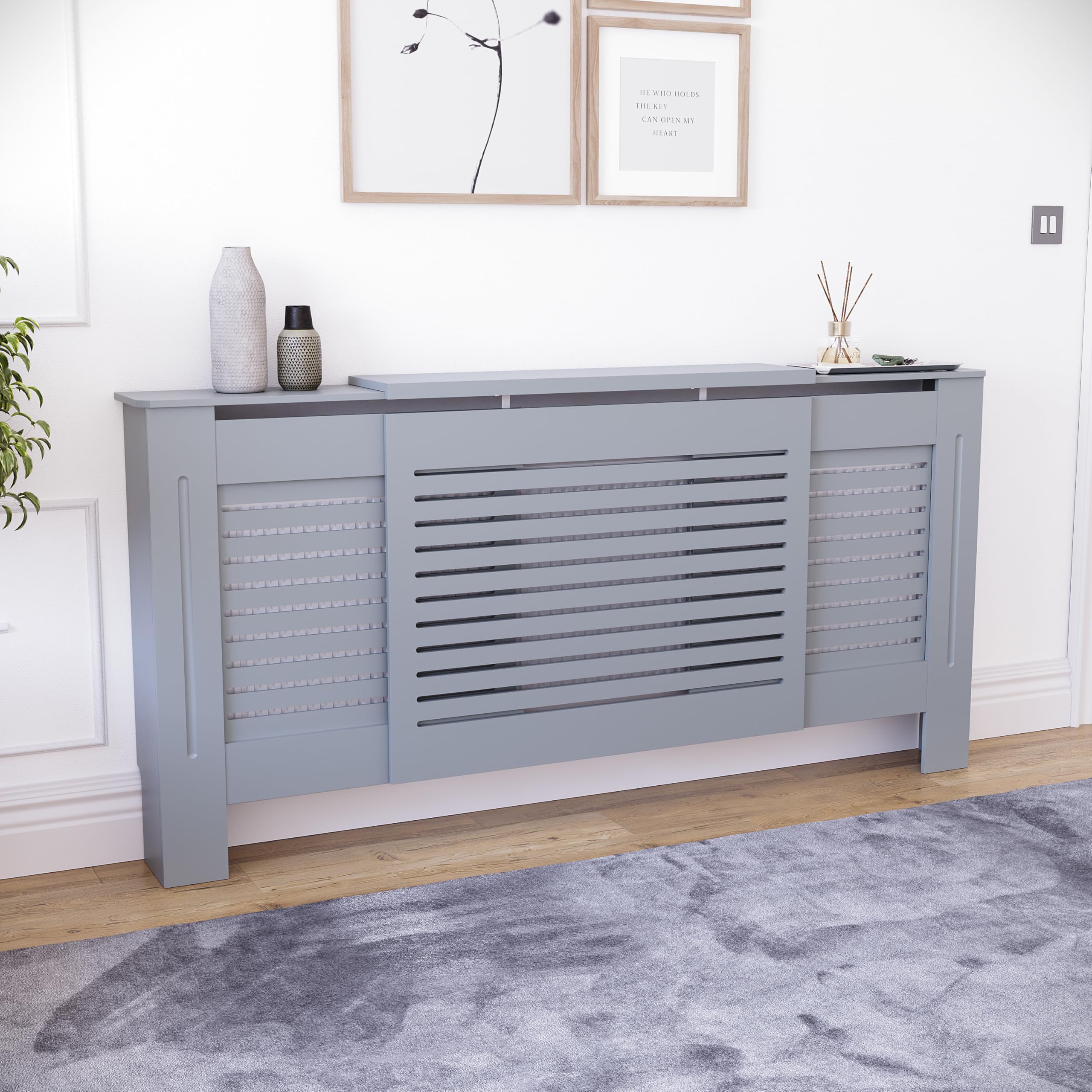Vida Designs Milton Radiator Cover Grey - Adjustable - Modern Horizontal Slat Design For Optimal Heat Circulation - H82xW140-204xD19cm - Painted MDF Cabinet Ideal For Living Room & Hallway