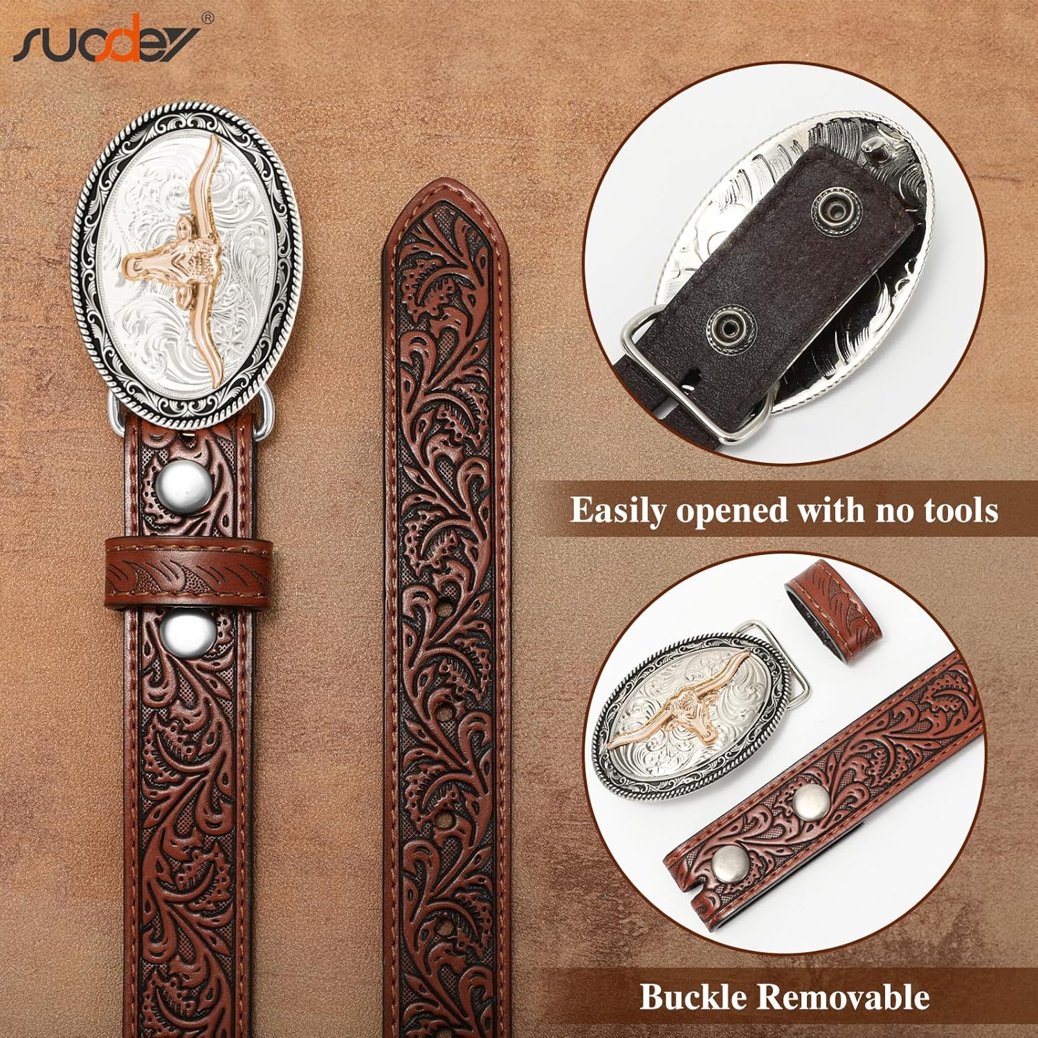 SUOSDEY Kids Western Belt for Boys Girls,Toddler Youth Cowboy Cowgirl Genuine Leather Belt with Longhorn Bull Buckle - Image 4