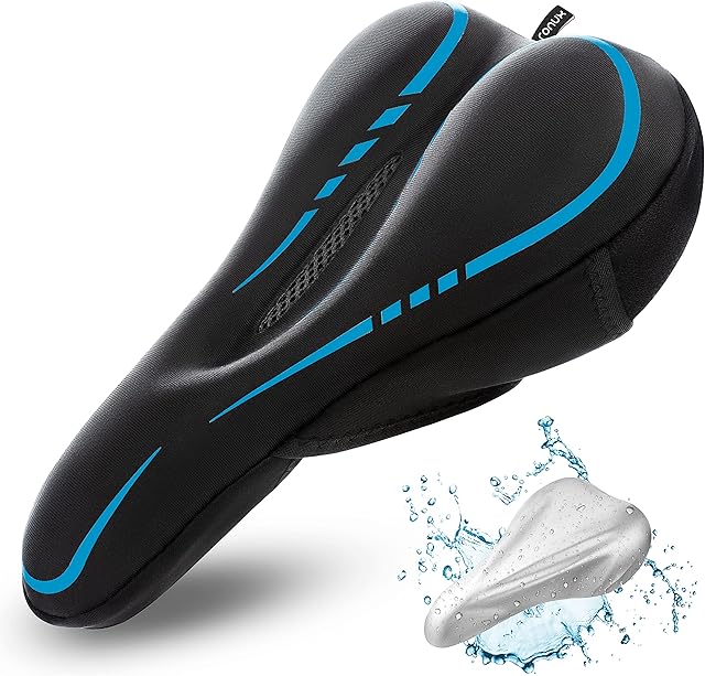 ronux Narrow Bike Seat Cushion, Memory Foam & Gel Extra Comfort Pad Bicycle Saddle Cushions, Exercise Road Peloton Mountain Bikes Comfy Cycling Accessories, Women Men, Waterproof Rain Cover -Blue