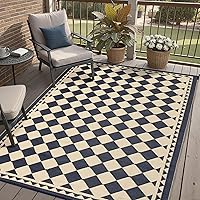 HUGEAR 5x8 Reversible Waterproof Outdoor Rug for Patio Deck RV - Checkered Black & Beige, UV Fade-Resistant Straw Mat