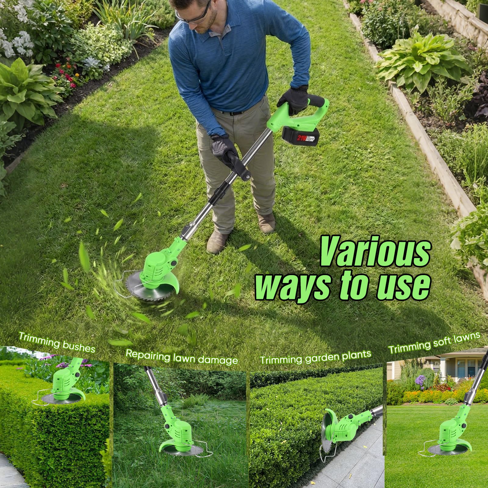 Coupe Bordure sans Fil,Debroussailleuse Electrique sans Fil,Debroussailleuse avec 2 Batteries Et Un Chargeur,Poignée Réglable,4 Types Lames Efficace,légères et à Faible Bruit,pour Jardin Élagage (C)