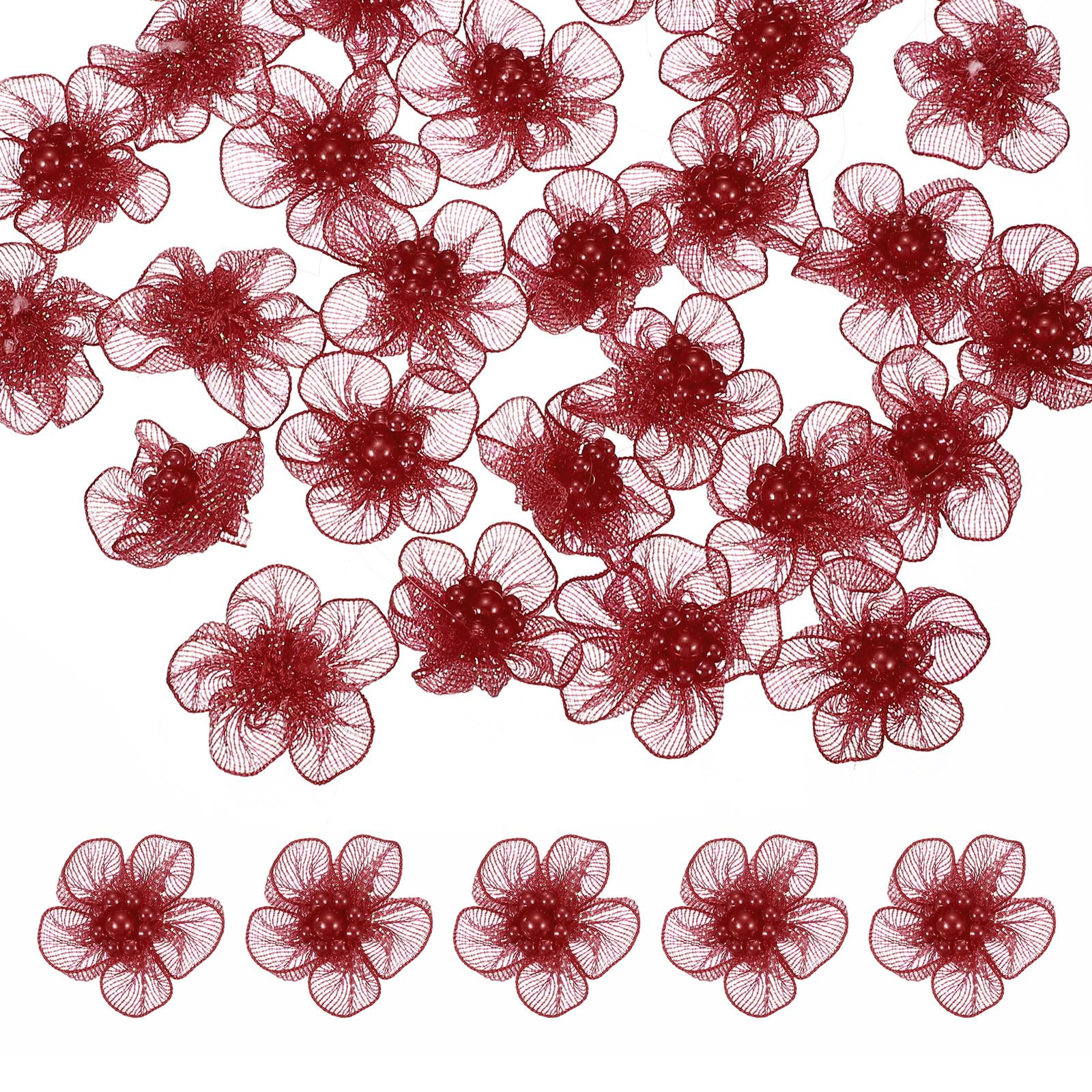 sourcing map 60Pcs Craft Organza Flowers Fabric w/Beads 1.2Inch Chocolate