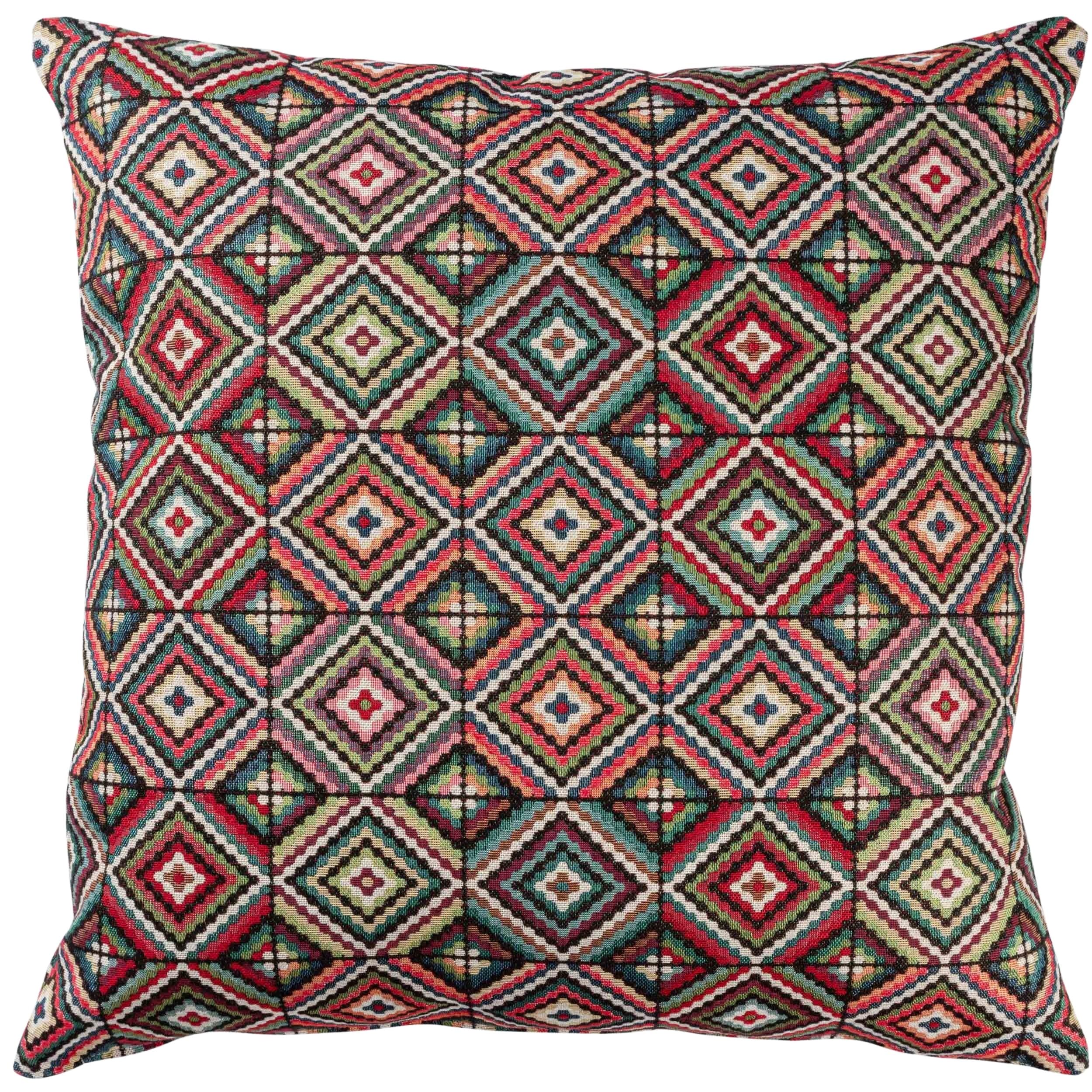 Linen Loft Multicoloured Kaleidoscope Tapestry Extra-Large Cushion. Geometric Diamond Motifs In Coral Pink, Turquoise Blue, Mint Green, Blush Pink & Brown. 23X23" Xl