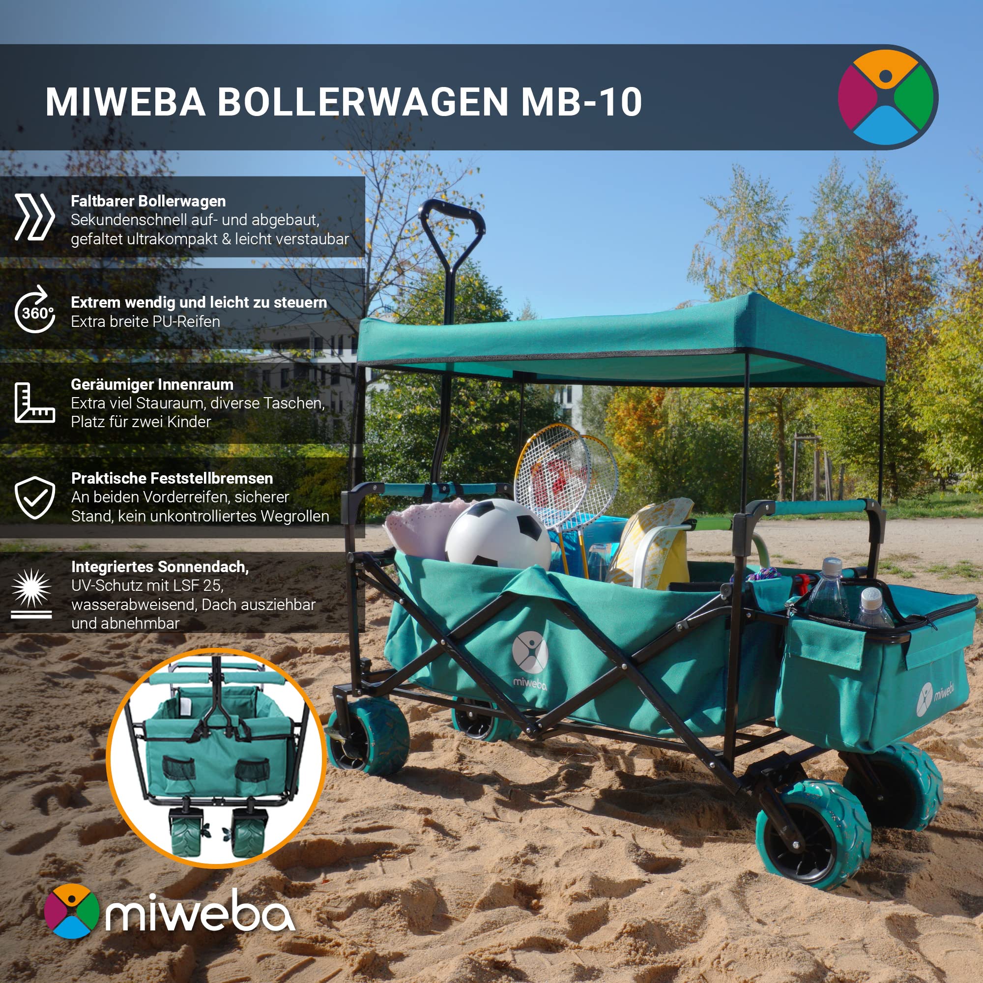 Miweba Bollerwagen faltbar MB-10 | Traglast 100 kg - Kinderwagen mit Dach - Handwagen faltbar - Transportwagen für Kinder - Wagen klappbar - Strandwagen - Gartenwagen - Faltwagen (Hellgrau/Dunkelgrau)
