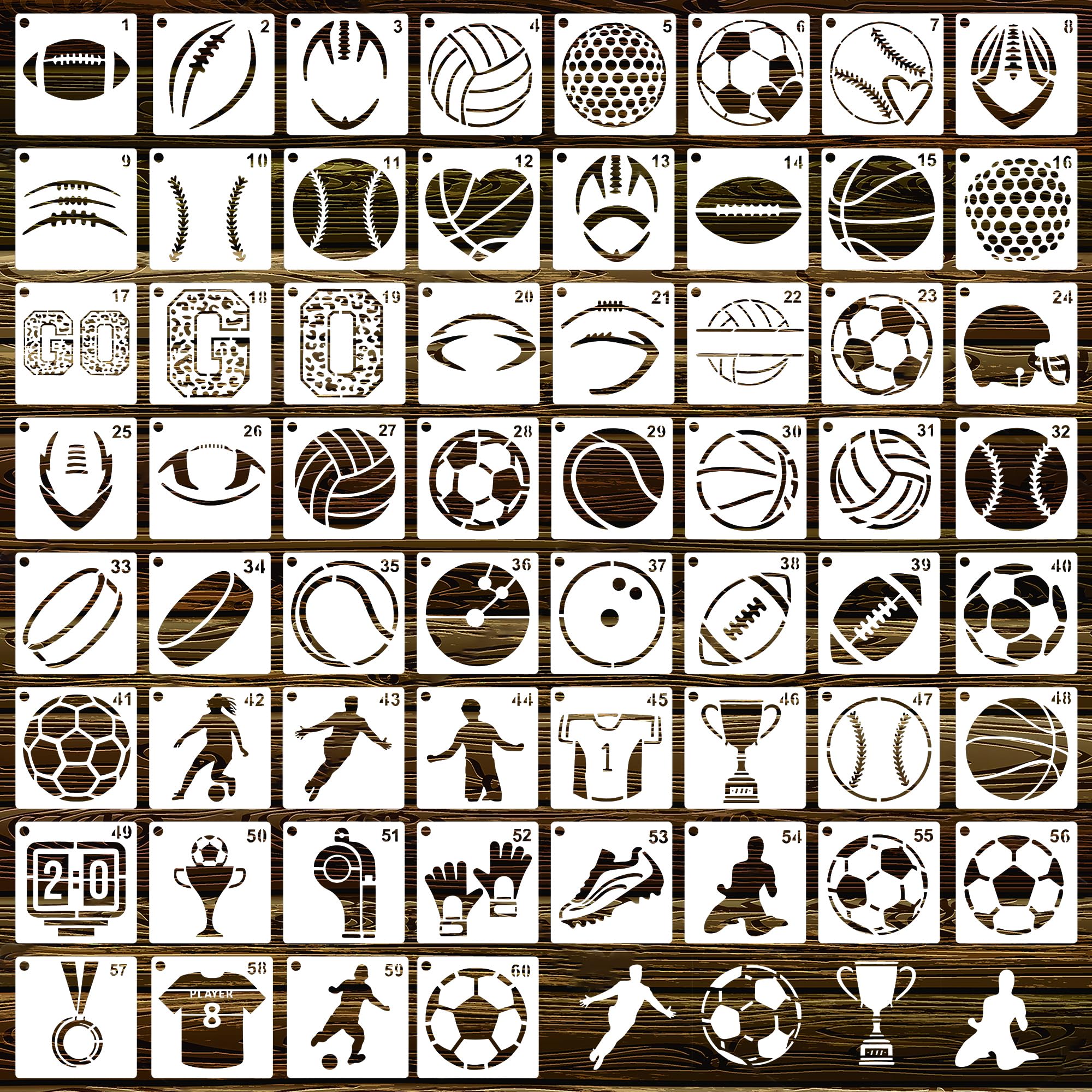 60 Pcs Ball Theme Stencils for Painting-3 Inch Reusable Small Soccer Basketball Golf Stencils for Cookie Rock Sport Theme Cake Wood