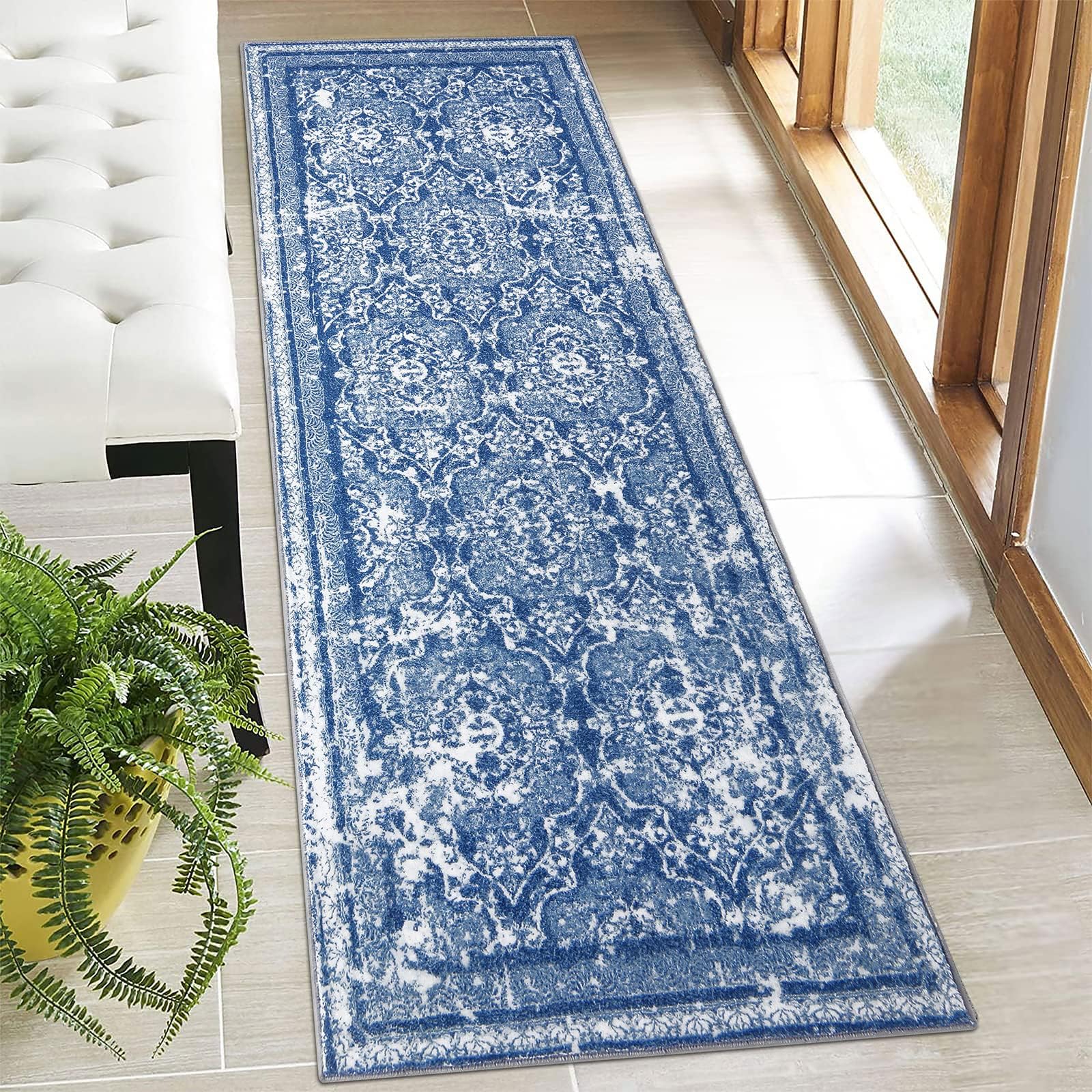 Maples Rugs Vivian Medallion Area Rugs - Made in USA - Washable, Non Slip, Pet-Friendly Mat for Bedroom, Office, and Entryway, 3'4 x 6', Blue/White