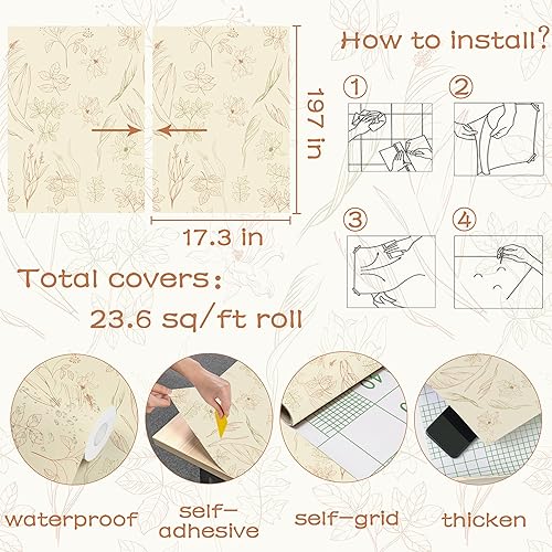 Miniatura 3 de Papel tapiz floral amarillo para despegar y pegar, 17.3 x 197 pulgadas, papel tapiz floral vintage, papel de contacto extraíble para gabinetes,