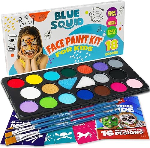 Blue Squid Face Painting Kit for Kids – 18 Colors Kids Face Paint Kit Palette with Stencils & Guided Tutorial, Water Activated Non Toxic Washable