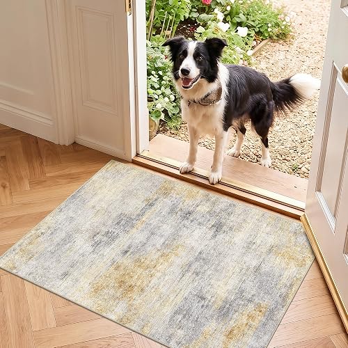 Ksrau 2x3 Washable Abstract Throw Rug Grey/Yellow