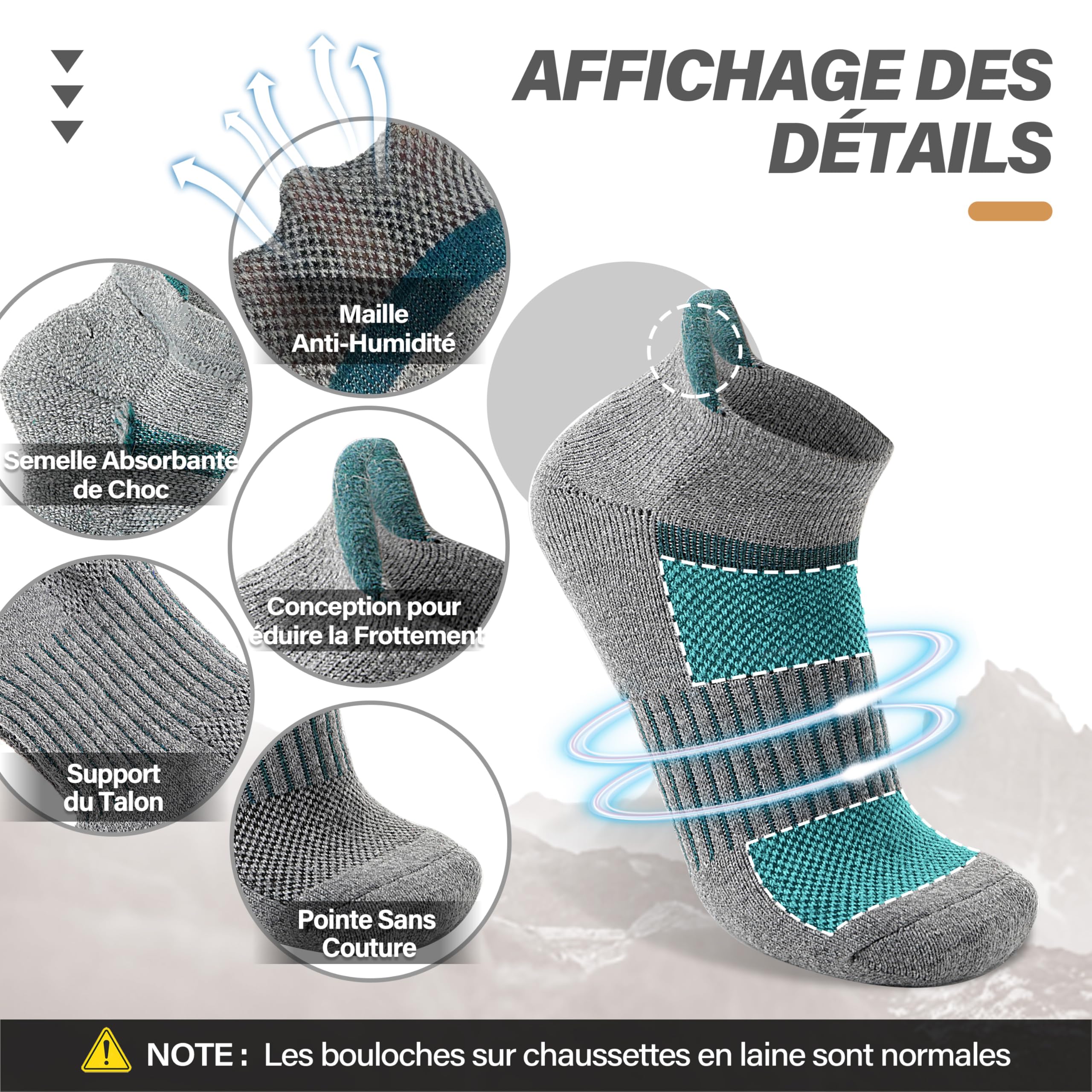 MOSEY KOSY Chaussettes de randonnée courtes en laine mérinos chaudes compressives et thermiques pour homme et femme 6 paires