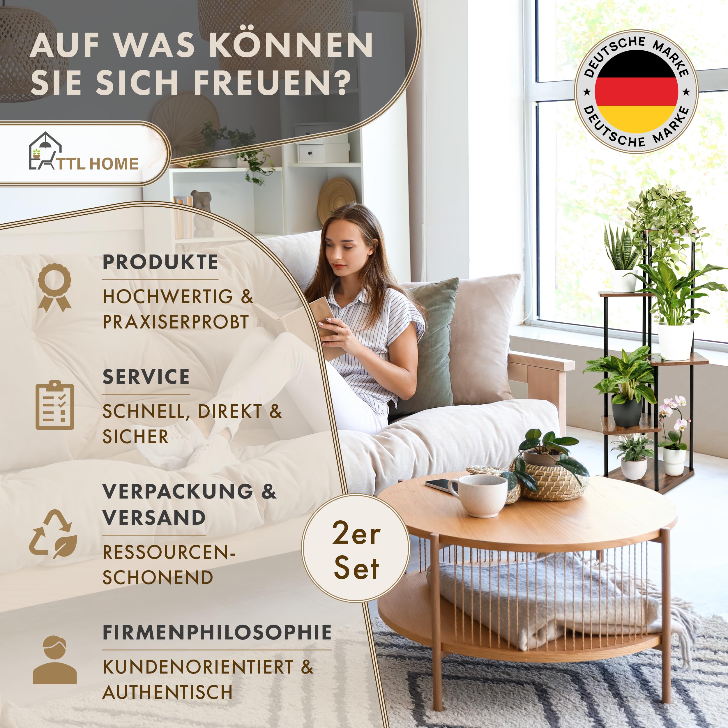 Blumenständer TOWER 2er Set - 5 Etagen 105 cm hoch Pflanzenständer | - Design Holz Eiche & Metall schwarz innen Deko für Wohnzimmer Blumen Ständer & Regal Pflanzenregal Blumenregal Blumentreppe