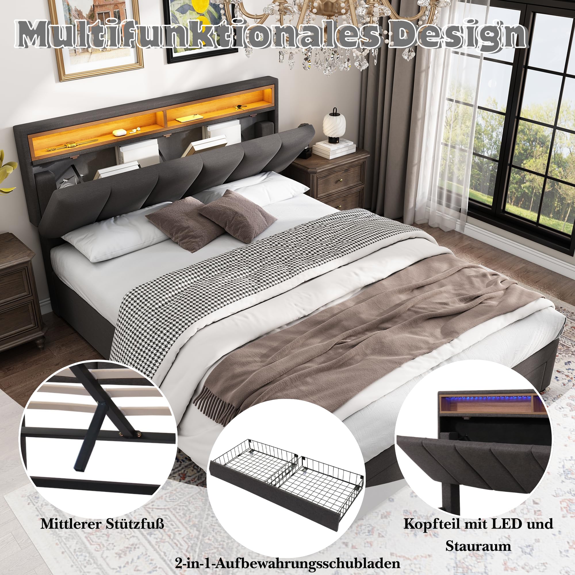 Cama Tapizada de 140x190 cm con LED y 2 Cajones, Estructura de Cama Doble con Soporte de Láminas y Almacenamiento Hidráulica, Cabecero con Almacenaje, Lino, Gris, Sin Colchon