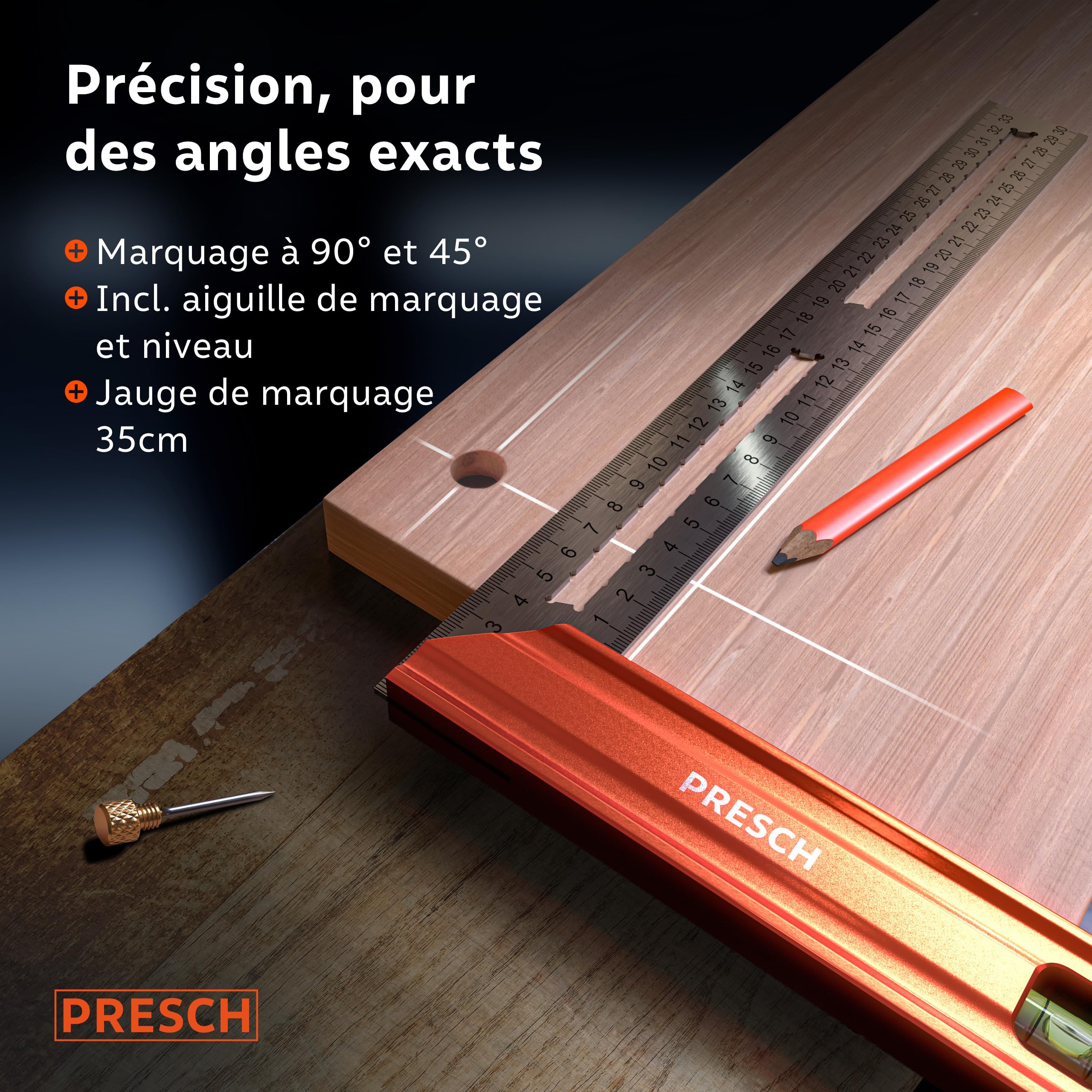 Presch Équerre de Menuisier 300mm - Moyen - Avec jauge (30cm), niveau à bulle et pointe à marquage - 90° et 45° degrés - Équerre a chapeau, Équerre de precision et charpentier