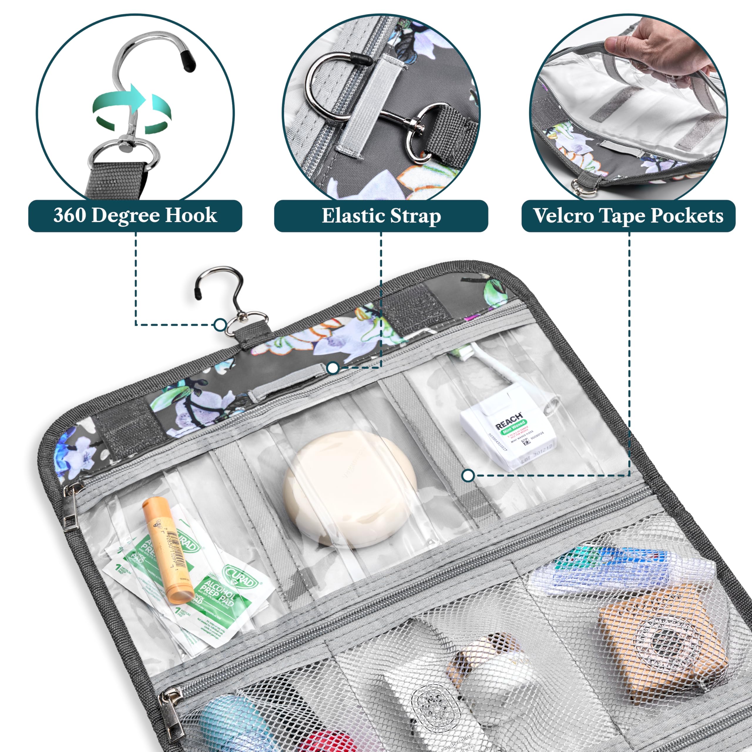 PAVILIA Borsa da toilette da appendere per donne uomini, borsa da toeletta pieghevole da viaggio, borsa da toilette per cosmetici, organizer per trucco resistente all'acqua (floreale grigio)