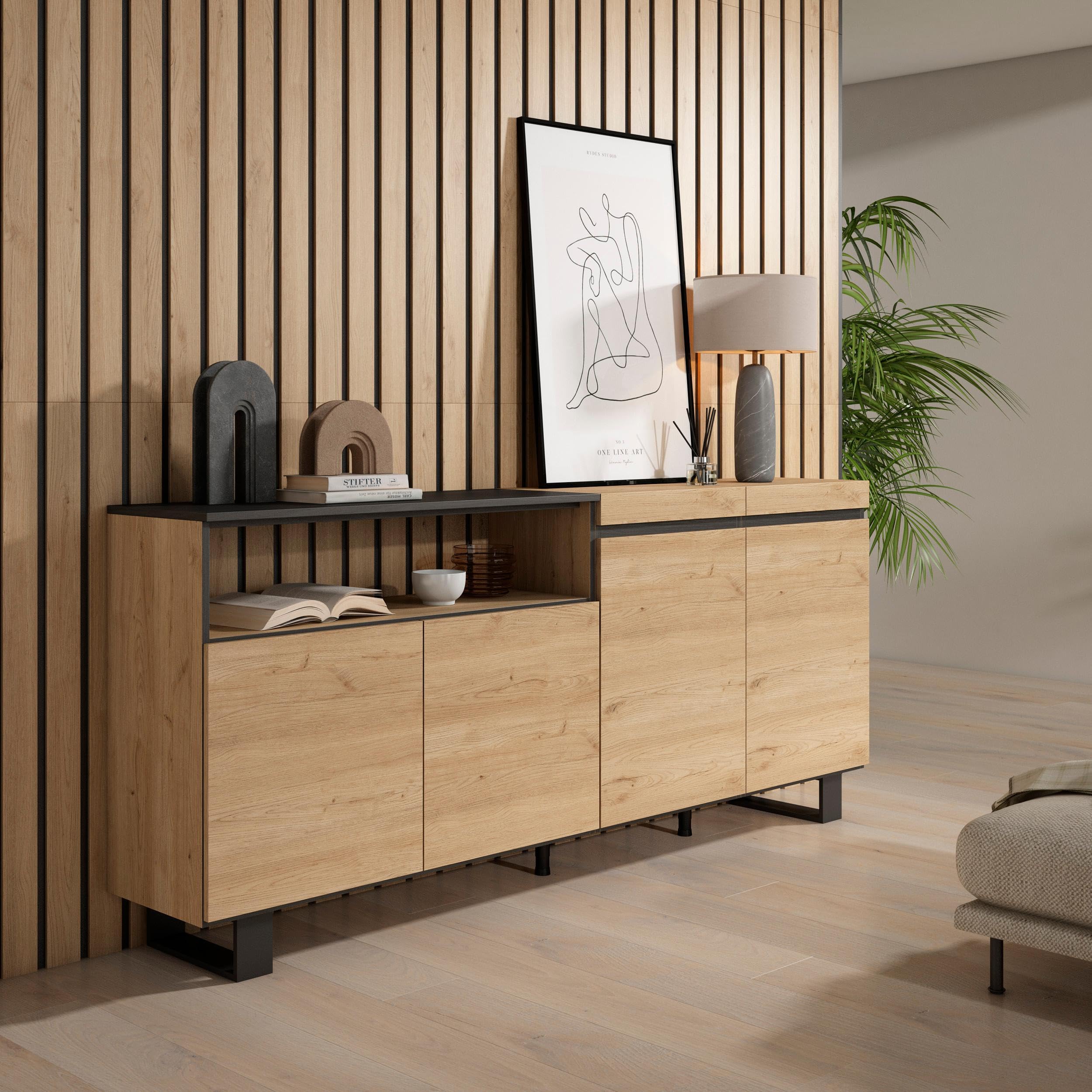 Skraut Home | Buffet Salon et Cuisine | Meuble de Rangement, Commode | 200x87x35cm | 4 Portes | Design Industriel | Style Moderne | Chêne et Noir