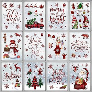 BORAMDO Christmas Window Clings 12 Sheets, Buffalo Plaid Xmas Window Decals Stickers Removable Holiday Decorations for Home & Office, 12 Styles